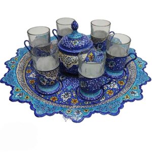 Handgemaakt Perzisch Koperen Theeset – Minakari Email Blauw
