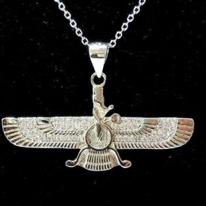 Minimalistische zilveren hanger met Zoroastrisch Faravahar-symbool