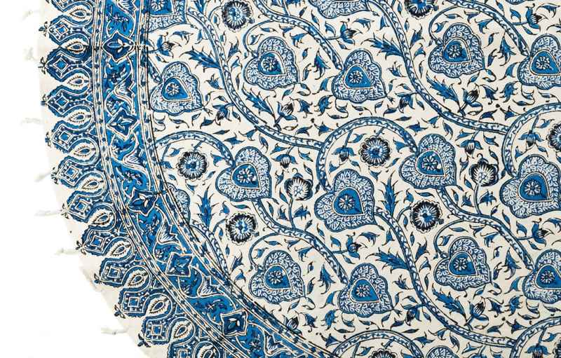 Perzisch Tafelkleed Kalamkari – Handgemaakte Blokdruk Isfahan – Bloemen Blauw
