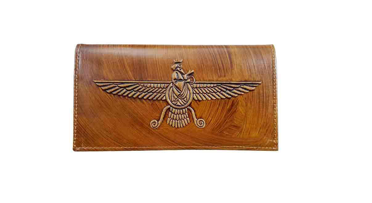 Perzische leren lange herenportemonnee met Faravahar & Achaemenidisch ontwerp