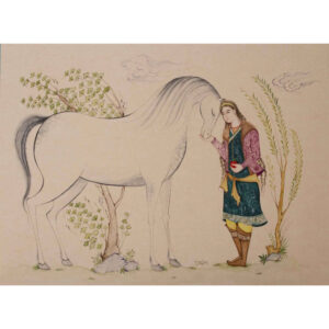 Origineel Perzisch miniatuurschilderij: aquarel en gouache op karton – jongen en paard