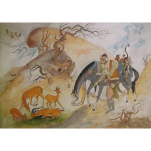 Origineel Perzisch Miniatuurkunst Schilderij: Gouache en Aquarel – Jacht