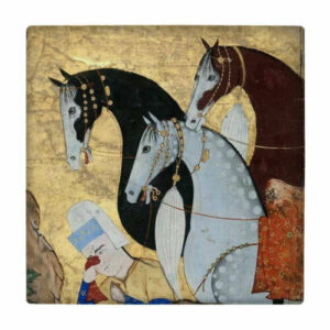 Decoratieve Perzische keramische tegel – Perzische miniatuur paarden: Shahnameh inspiratie