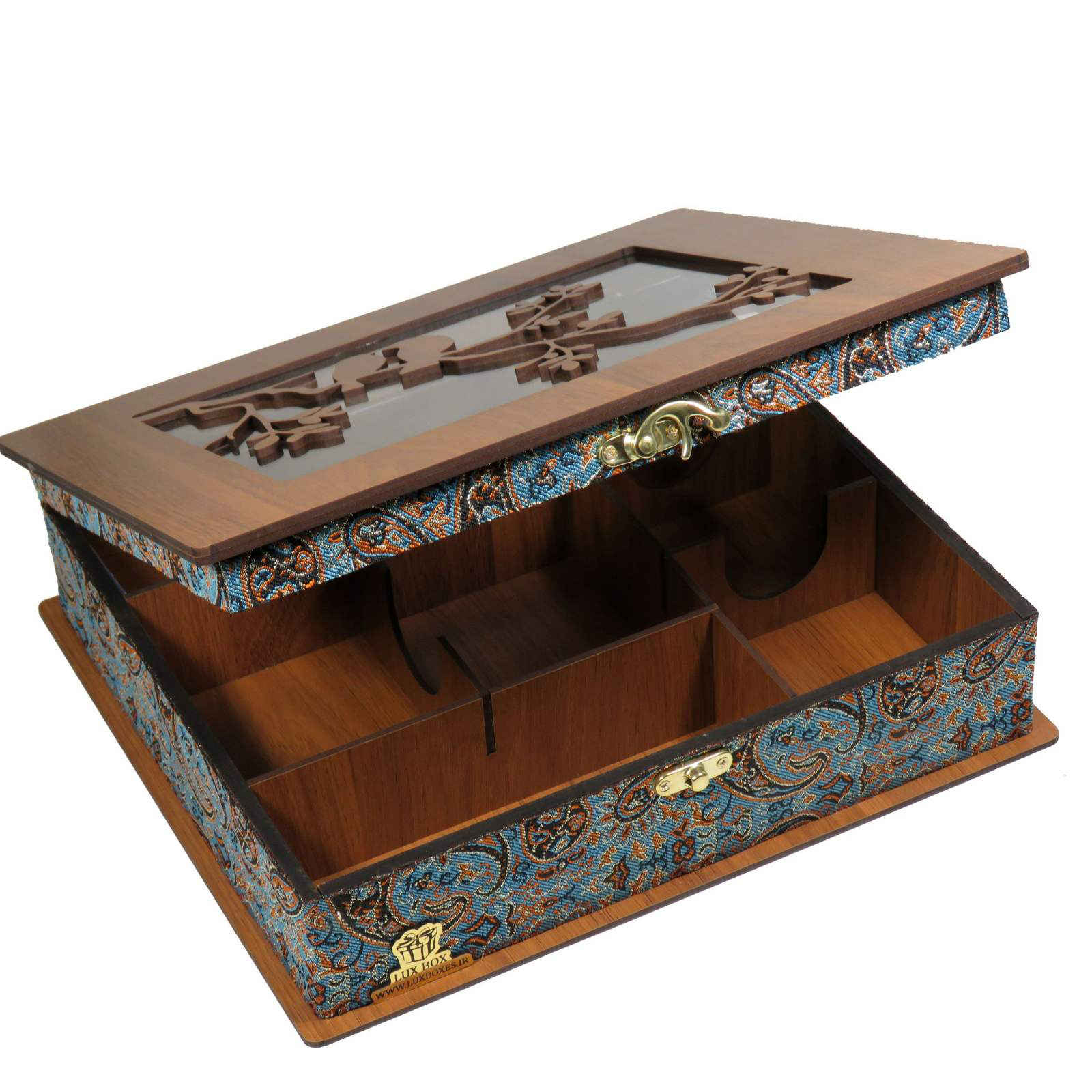 Houten thee-opbergdoos met vakken – Termeh-ontwerp LB63