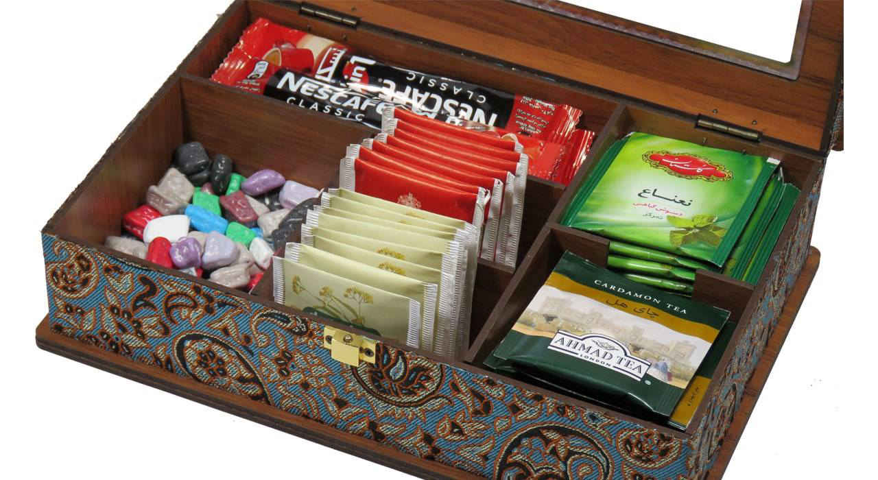Decoratieve houten thee-organizer met Termeh-patroon – model LBL55