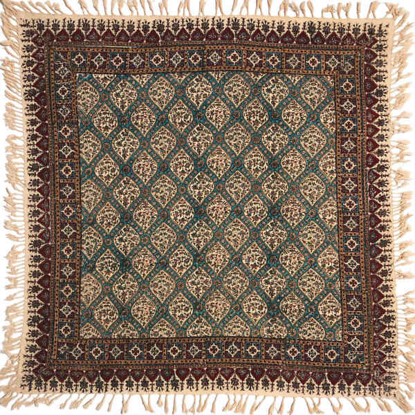 Perzisch Tafelkleed Isfahan Kalamkari — Handgemaakte Blokdruk Katoen — Model G114 Grijs