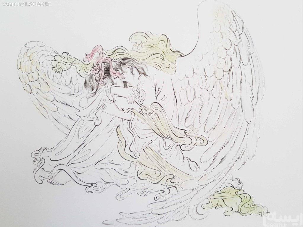 Origineel Perzisch miniatuurkunstschilderij: aquarel – engel met gebroken hart