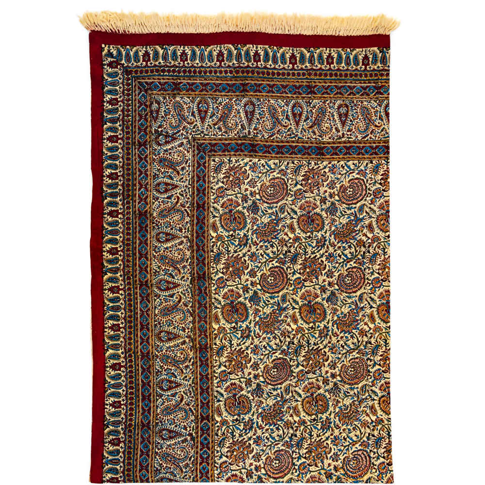 Perzisch Tafelkleed Kalamkari – Handgemaakte Blokdruk Isfahan – Bloemen Crème G284