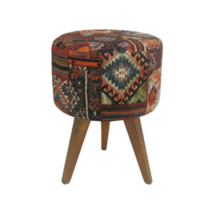 Traditionele Perzische voetenbank met houten poten en fluwelen stof, geometrisch
