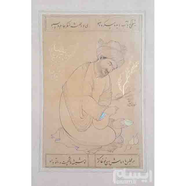 Origineel Perzisch Safavidisch kunstschilderij: aquarel en gouache op karton – Sheikh