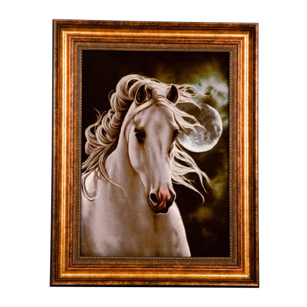 Handgeknoopt Perzisch picturaal tapijt uit Tabriz met een wit paard