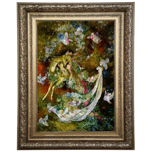 Handgeknoopt Perzisch wandtapijt uit Tabriz met Ahu-miniatuur
