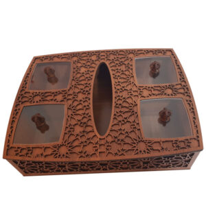 Houten tissuebox & thee-organizer combinatie met pauwen-ontwerp