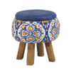 Ronde Fluwelen Voetenbank - Perzisch Bloemenmotief & Houten Poten – Blauw