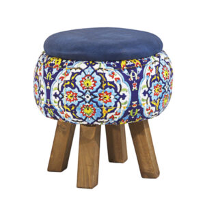 Ronde Fluwelen Voetenbank – Perzisch Bloemenmotief & Houten Poten – Blauw