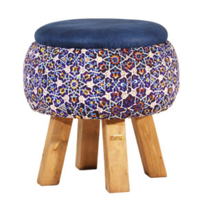 Ronde Fluwelen Voetenbank – Perzisch Bloemenmotief & Houten Poten – Marineblauw