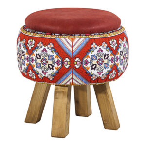 Ronde Fluwelen Voetenbank – Geometrisch Perzisch Design – Rood