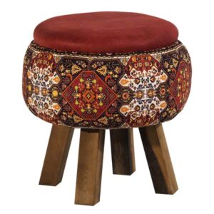 Ronde Fluwelen Voetenbank – Perzische Kunst – Rood