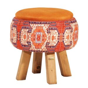 Ronde Fluwelen Voetenbank – Geometrische Perzische Kunst – Oranje