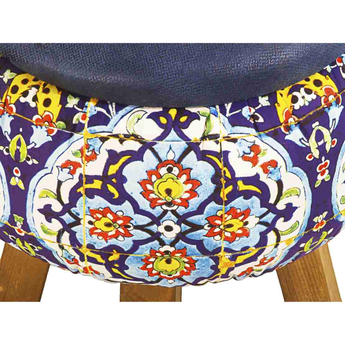 Ronde Fluwelen Voetenbank – Perzisch Bloemenmotief & Houten Poten – Blauw