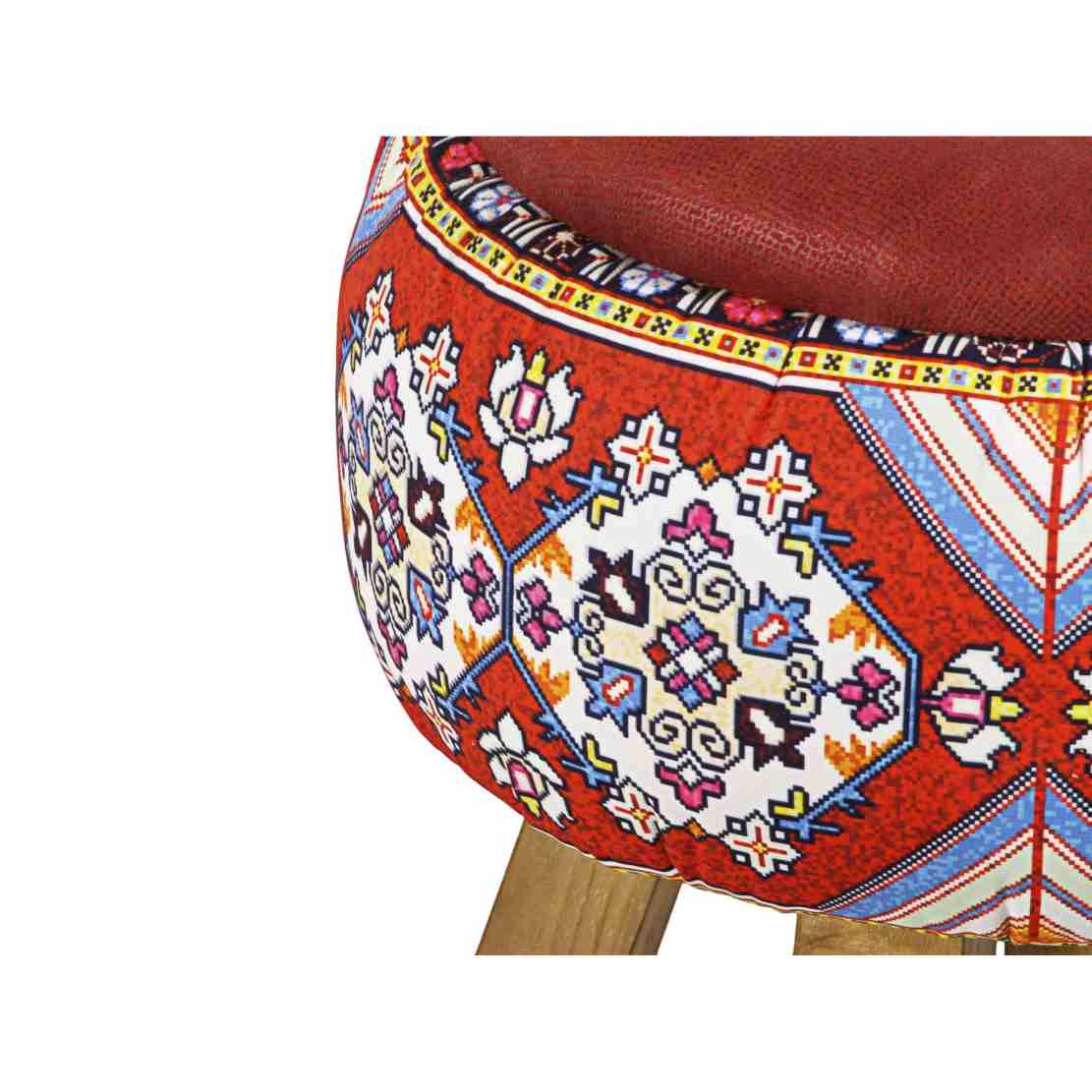 Ronde Fluwelen Voetenbank – Geometrisch Perzisch Design – Rood