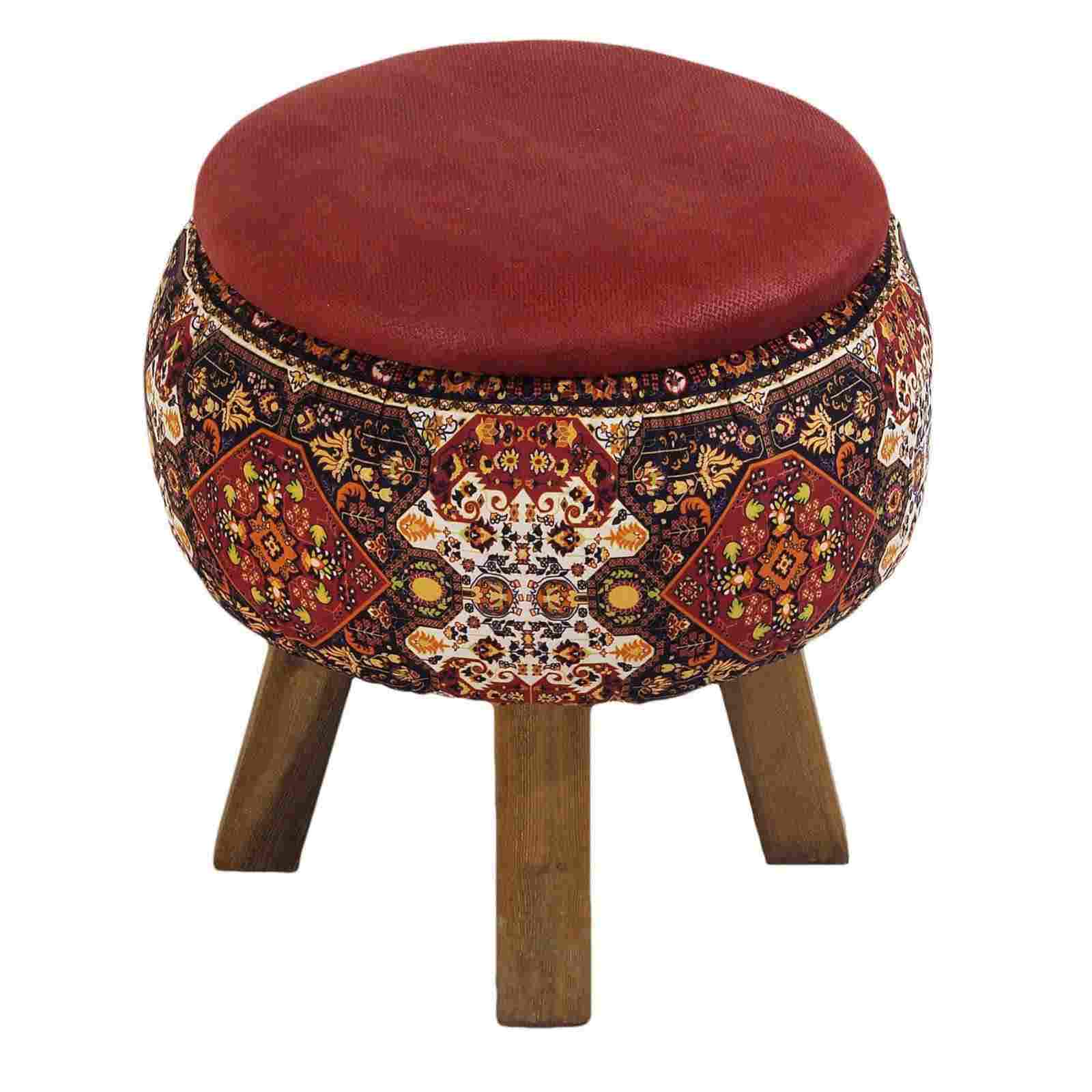 Ronde Fluwelen Voetenbank – Perzische Kunst – Rood