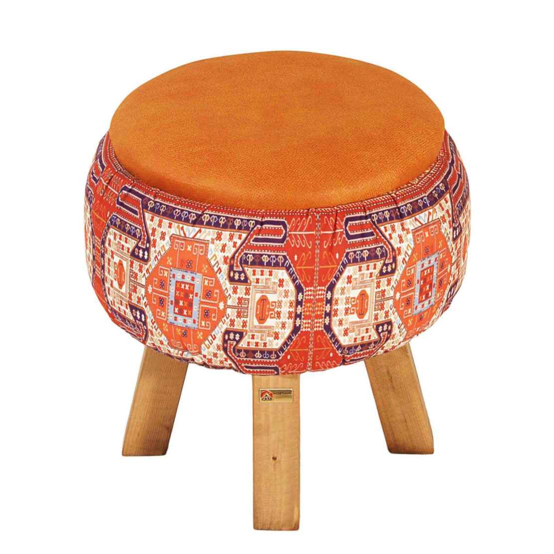 Ronde Fluwelen Voetenbank – Geometrische Perzische Kunst – Oranje