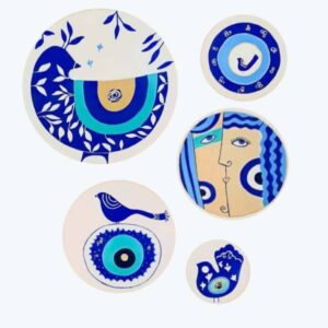 Handbeschilderd decoratief aardewerken bord – oog & vogel