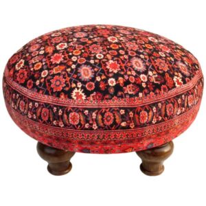Traditionele rode Perzische voetenbank met houten poten en fluwelen stof rond