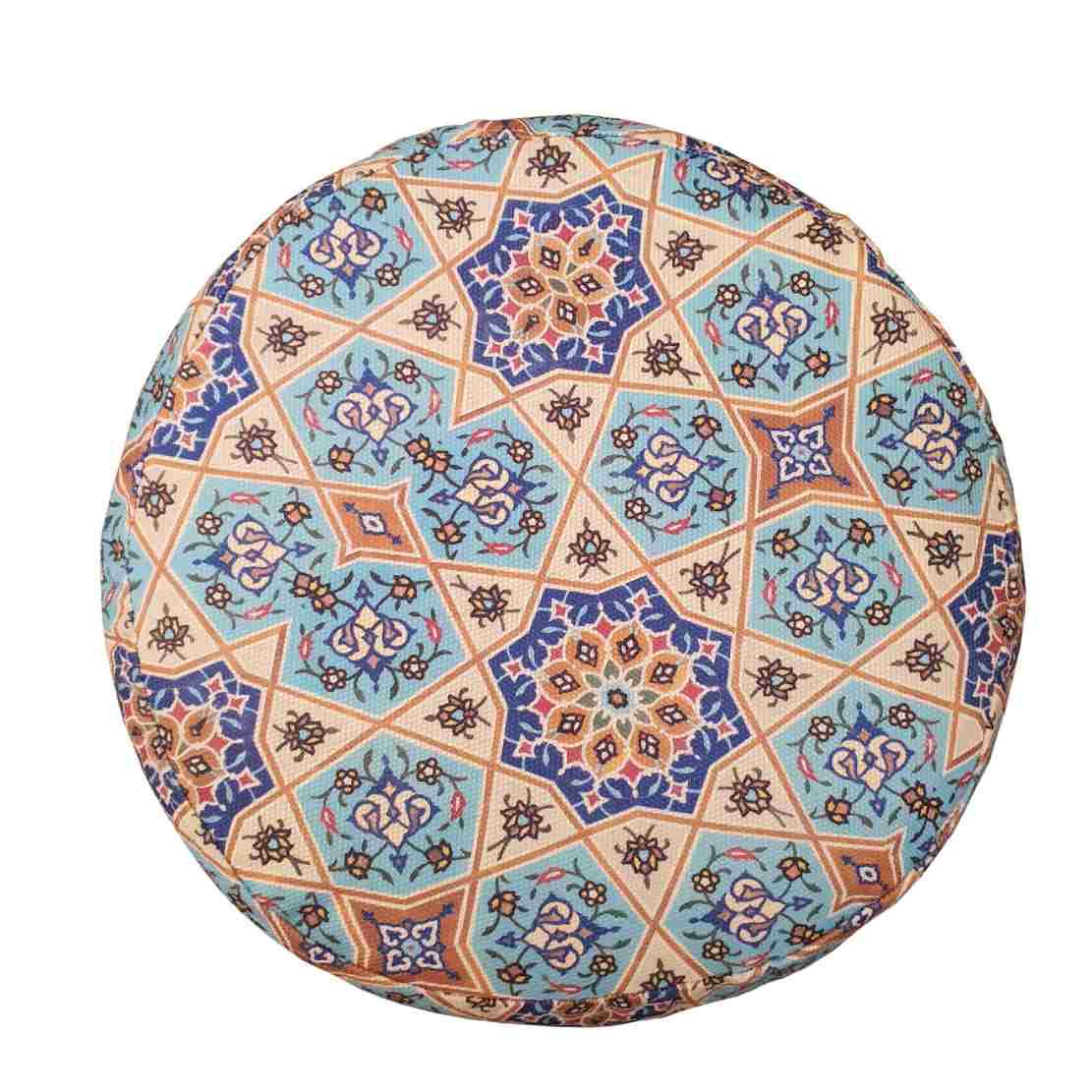 Ronde Fluwelen Voetenbank – Geometrische Perzische Kunst – Blauw