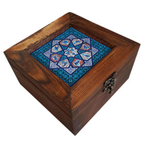 Houten geschenkdoos met Perzisch geïnspireerd patroon – blauw