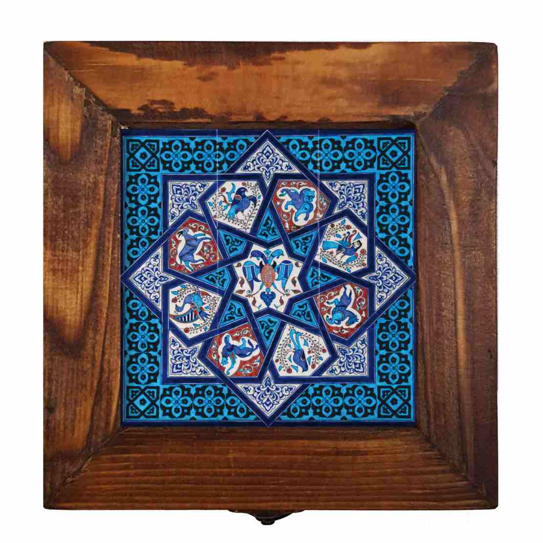 Houten geschenkdoos met Perzisch geïnspireerd patroon – blauw