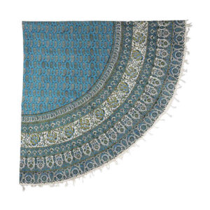 Perzisch Tafelkleed Isfahan Kalamkari — Rond Model — Handgemaakte Blokdruk Blauw