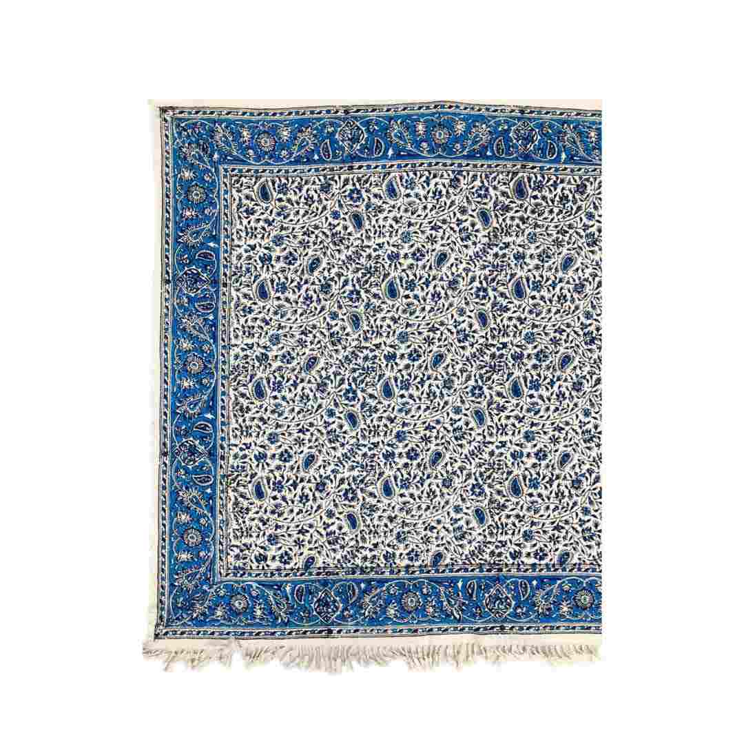 Perzisch Tafelkleed Isfahan Kalamkari — Model Bloemen — Handgemaakte Blokdruk Blauw