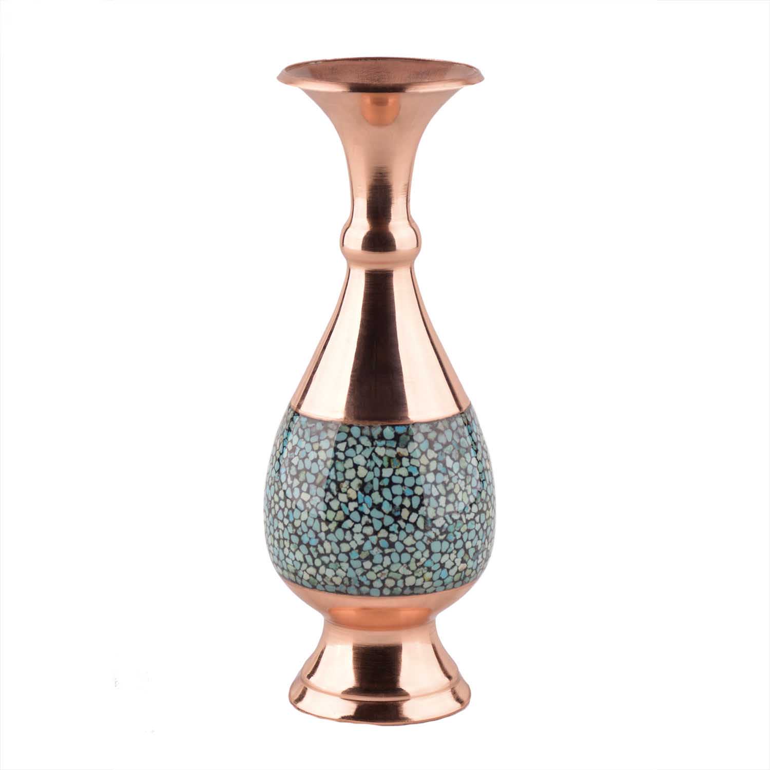 Handgemaakte Perzische decokoperen vaas met turkooisintarsia, Yas-model met een elegant geometrisch motief