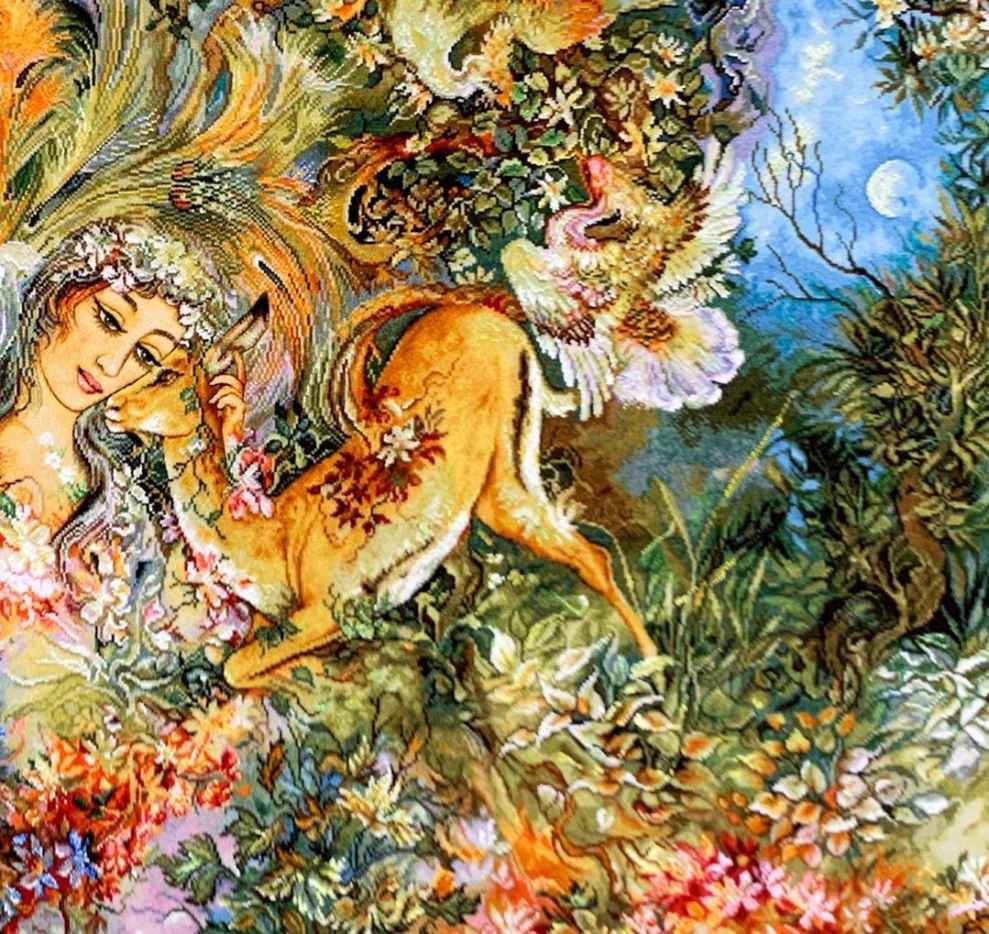 Handgeknoopte Perzische Wandtapijt uit Tabriz, Weergave van Dayereh Hasti Miniatuur
