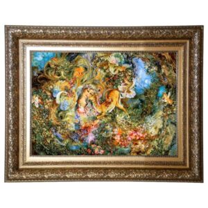 Handgeknoopte Perzische Wandtapijt uit Tabriz, Weergave van Dayereh Hasti Miniatuur
