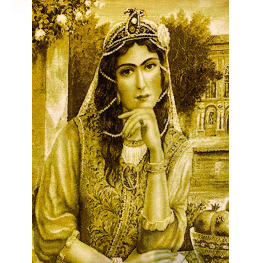 Handgeknoopte Perzische Beeldende Tapijt uit Tabriz die Qajar Meisje Uitbeeldt