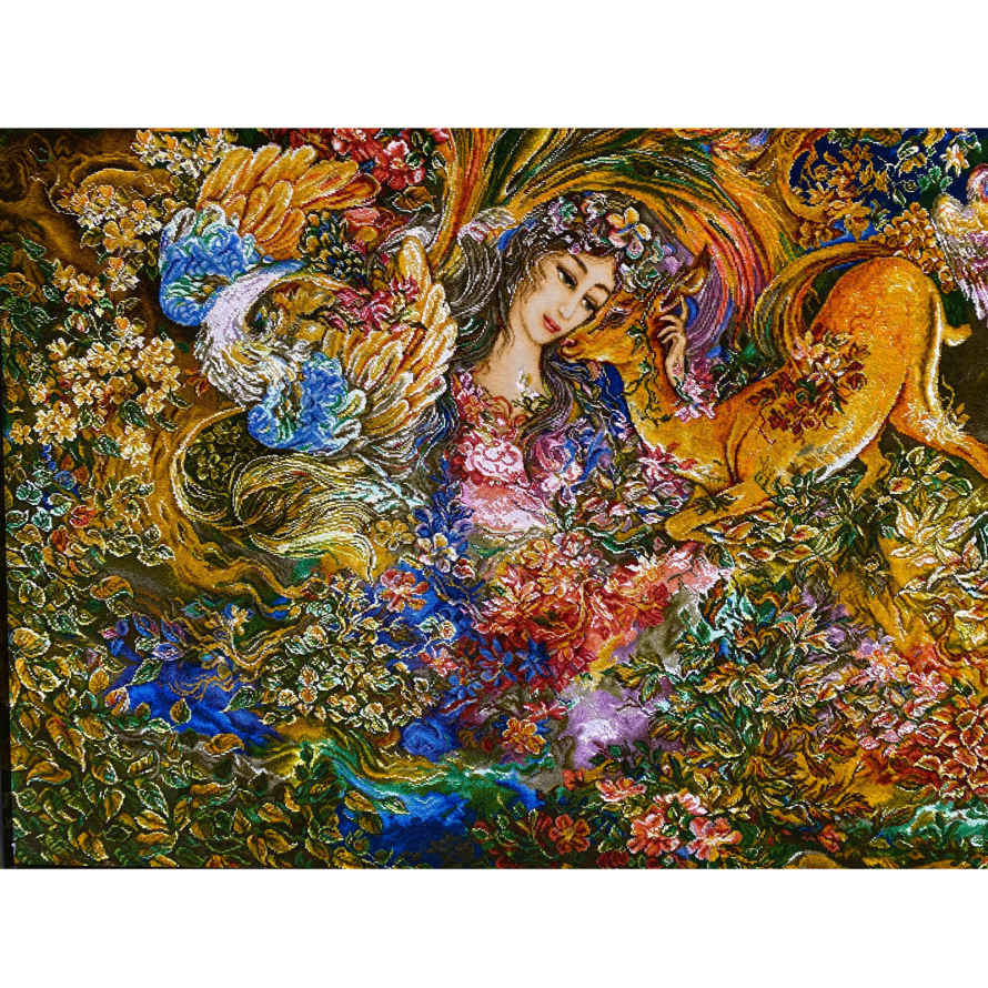 Handgeknoopte Perzische Muurhang Tapijt uit Tabriz die Dayereh Hasti Miniatuur Uitbeeldt