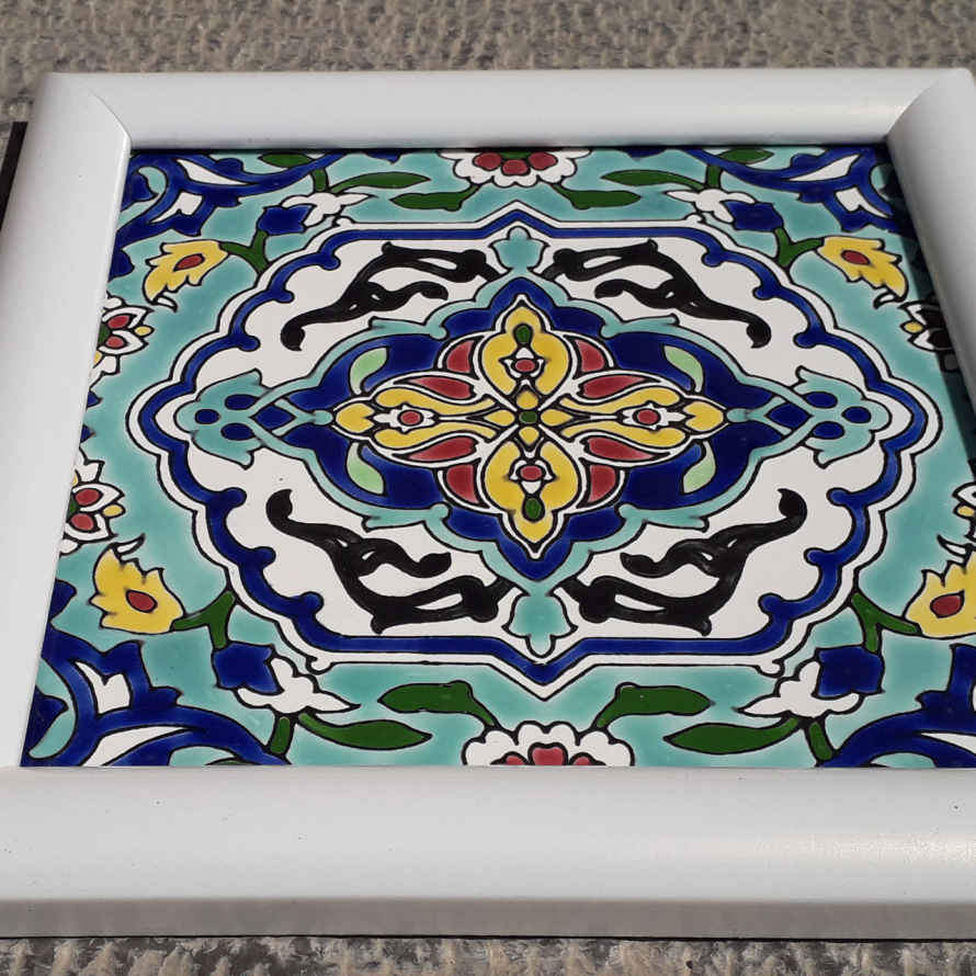 Decoratieve Perzische Gekaderde Keramische Tegel – Turquoise