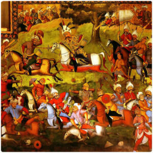 Perzische Velvet Kussenhoes – Shahnameh Oorlogsontwerp (Set van 2)