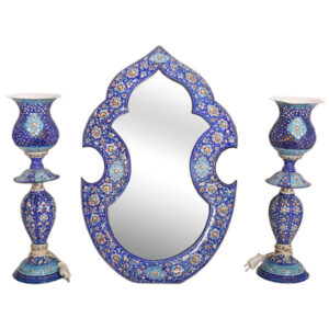 Perzische koperen spiegel frame & kandelaars set – Minakari ontwerp