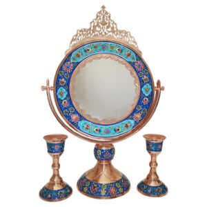 Perzische koperen spiegel frame & kandelaars set – Inlegwerk Turquoise
