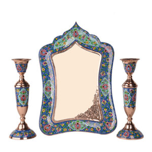 Perzische koperen spiegel frame & kandelaars set – Minakari