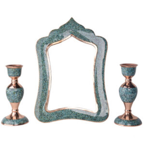 Perzische koperen spiegel frame & kandelaars set – Turquoise Inlay