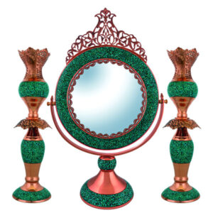 Perzische koperen spiegel frame & kandelaars set – Inlegwerk Turquoise
