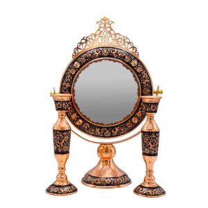 Gegraveerde Perzische koperen spiegel frame & kandelaars set – Ghalamzani