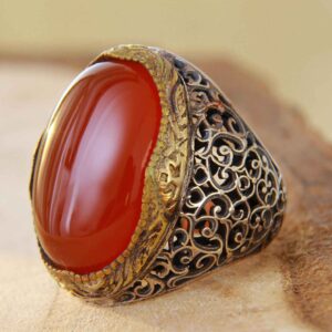 Perzische Zilveren Ring Heren – Rood Agaat Super King