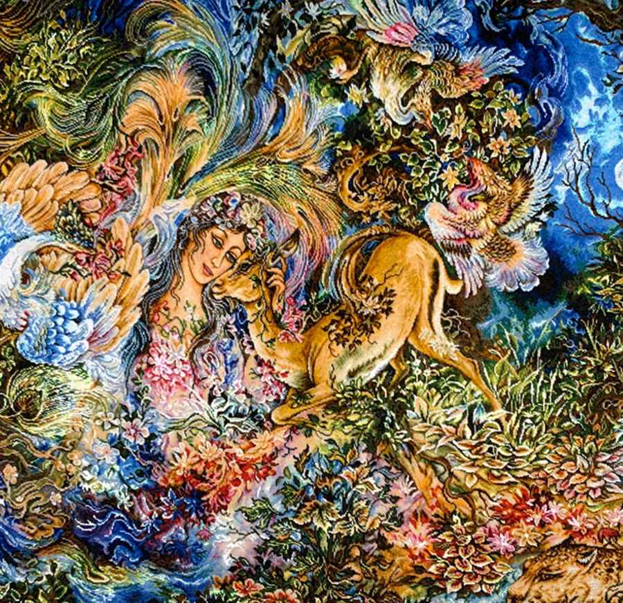 Handgeknopt Perzisch Wandtapijt uit Tabriz met Dayereh Hasti Miniatuur