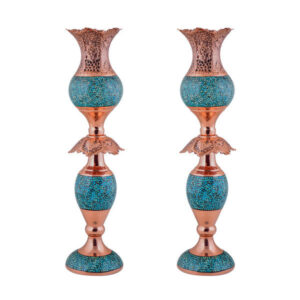 Handgemaakte Perzische Koperen Kandelaar – Turquoise Inleg – Model Tulp